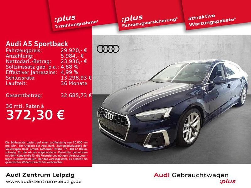 Navarrablau metallic Gebraucht 2021 Audi A5 Sportback Basis Limousine | 29.920 € (Fairer Preis) - Bild 1/3