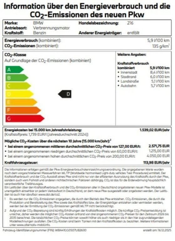 Neu BMW 216 Performance 122 PS (89 kW) 2026 Schwarz Limousine