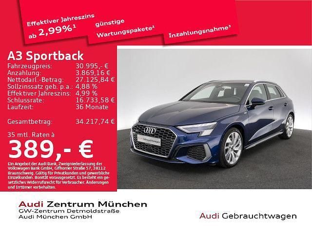 Blau Gebraucht 2022 Audi A3 Sportback S-Line Limousine | 29.996 € (Guter Preis) - Bild 1/2