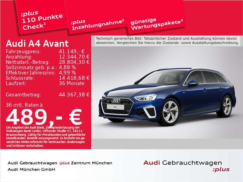 Navarrablau metallic Gebraucht 2024 Audi A4 S-Line Kombi | 41.149 € (Etwas zu teuer) - Bild 1/2