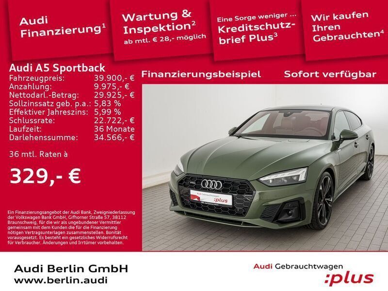 Distriktgrün metallic Gebraucht 2021 Audi A5 Sportback S-Line Kleinwagen | 39.900 € (Etwas zu teuer) - Bild 1/3