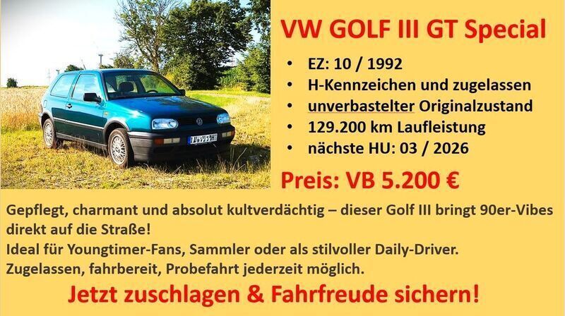 Grün Gebraucht 1992 VW Golf III GT Limousine | 5.200 € - Bild 1/4