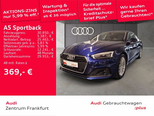 Navarrablau metallic Gebraucht 2022 Audi A5 Sportback Ambiente Limousine | 30.850 € (Superpreis) - Bild 1/2