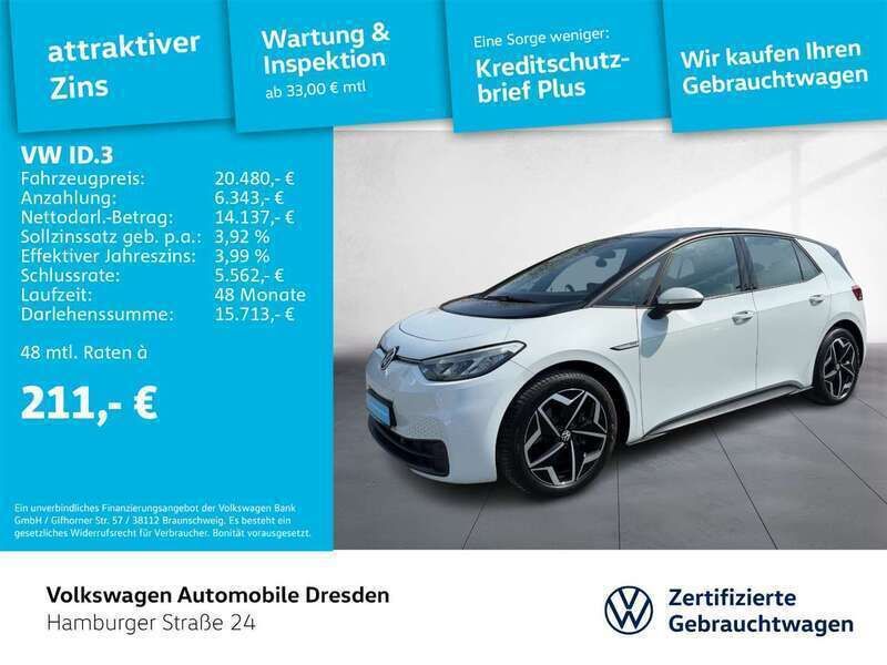 2y gletscherweiß metallic Gebraucht 2021 VW ID.3 Pro Kleinwagen | 21.450 € (Fairer Preis) - Bild 1/3