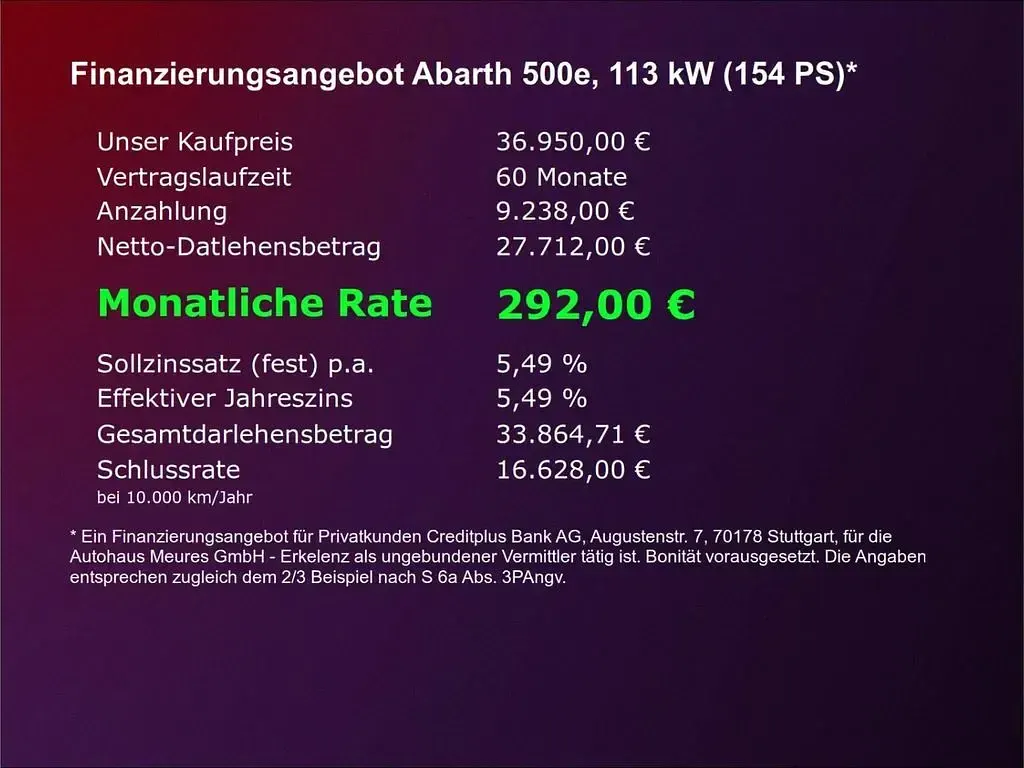 Neu Abarth 500e Turismo 113 kW (154 PS) 2025 Schwarz Kleinwagen