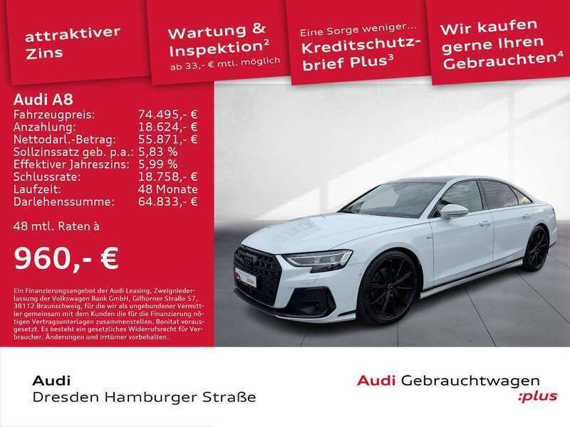 Gletscherweiß metallic Gebraucht 2023 Audi A8 Ambiente Limousine | 82.450 € (Teuer) - Bild 1/3