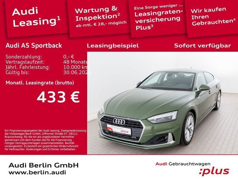 Distriktgrün metallic Gebraucht 2024 Audi A5 Sportback Advanced Plus Limousine | 40.900 € (Fairer Preis) - Bild 1/3