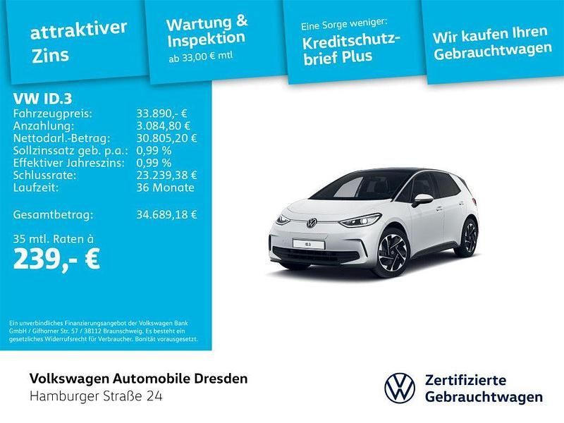 Gletscherweiß metallic/schwarz Gebraucht 2024 VW ID.3 Pro Kleinwagen | 33.890 € (Etwas zu teuer) - Bild 1/4