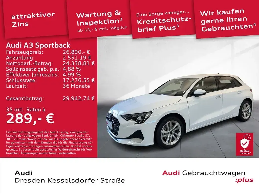 Używany Audi A3 Advanced 116 KM (85 kW) 2024 Biały Sedan/Limuzyna