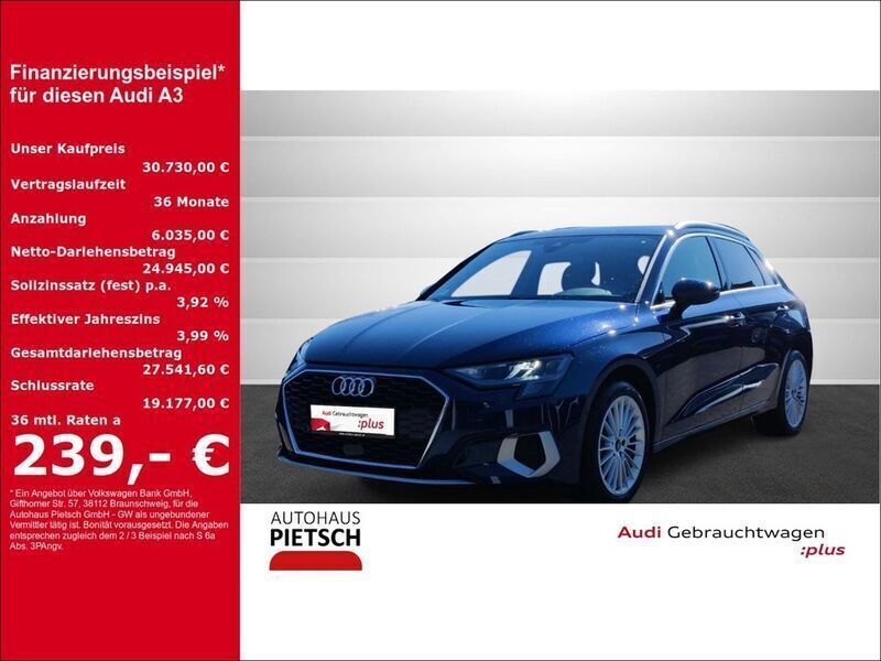 Blau Gebraucht 2023 Audi A3 Sportback Advanced Limousine | 30.980 € (Fairer Preis) - Bild 1/4