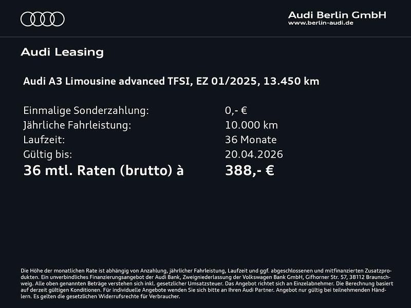 Gebraucht Audi A3 Advanced Plus 116 PS (85 kW) 2025 Gletscherweiß metallic Limousine