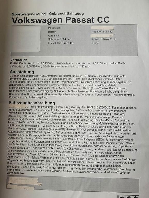 Second-hand VW CC 211 CP (155 kW) 2011 Negru Berlinǎ