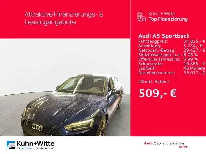 Navarrablau metallic Gebraucht 2021 Audi A5 Sportback Advanced Limousine | 34.825 € (Etwas zu teuer) - Bild 1/3