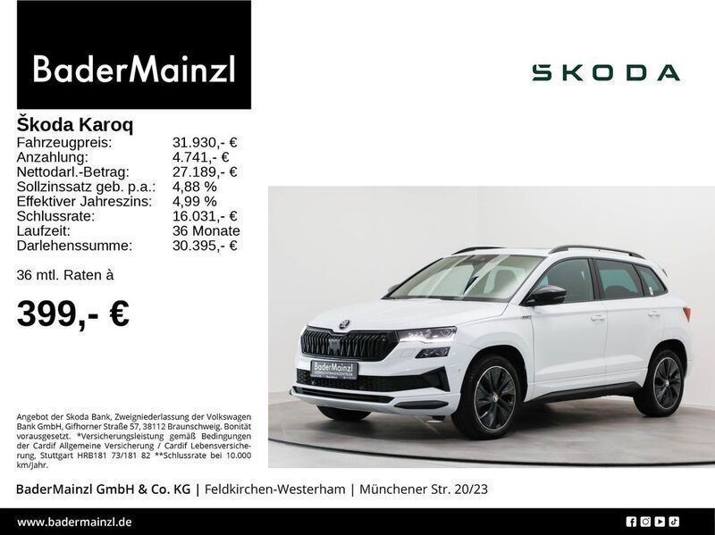 Moonweiß perleffekt/moonweis Gebraucht 2022 Skoda Karoq SportLine SUV | 31.930 € (Teuer) - Bild 1/3
