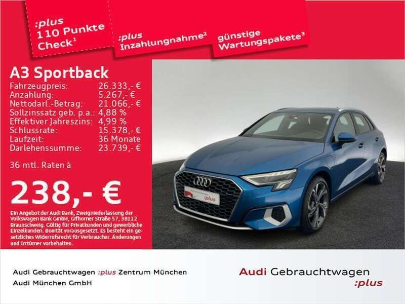 Atollblau metallic Gebraucht 2021 Audi A3 e-tron Advanced Kleinwagen | 26.333 € (Fairer Preis) - Bild 1/2