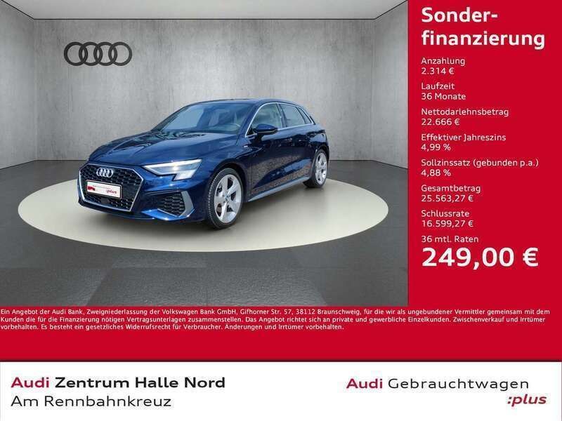 Navarrablau metallic Gebraucht 2021 Audi A3 Sportback S-Line Kleinwagen | 24.980 € (Fairer Preis) - Bild 1/4