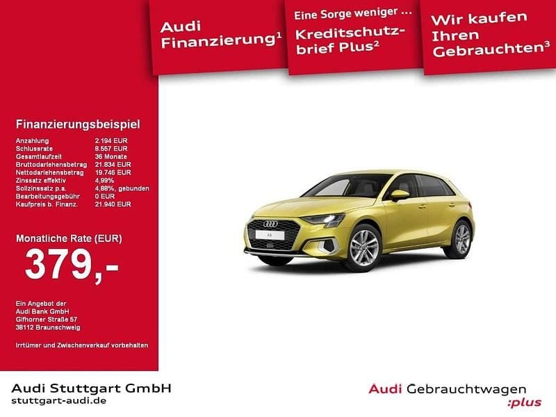 Pythongelb metallic Gebraucht 2022 Audi A3 Sportback Advanced Plus Limousine | 21.940 € (Guter Preis) - Bild 1/2