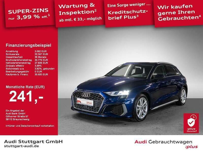 Navarrablau metallic Gebraucht 2024 Audi A3 Sportback S-Line Kleinwagen | 33.550 € (Guter Preis) - Bild 1/2