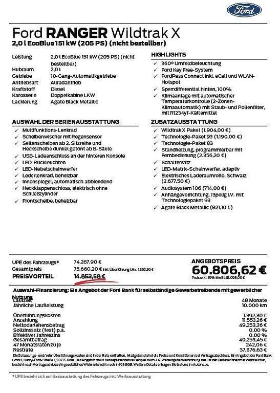 Neu Ford Ranger Wildtrack 205 PS (150 kW) 2026 Schwarz Pickup