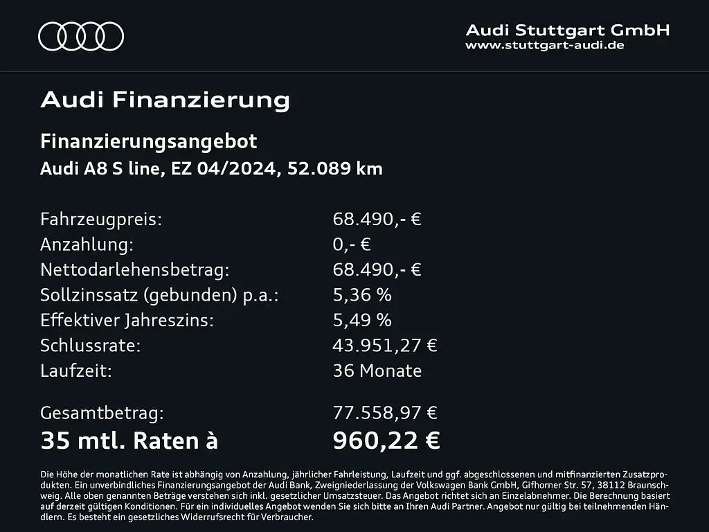 Gebraucht Audi A8 S-Line 286 PS (210 kW) 2024 Mythosschwarz metallic Limousine