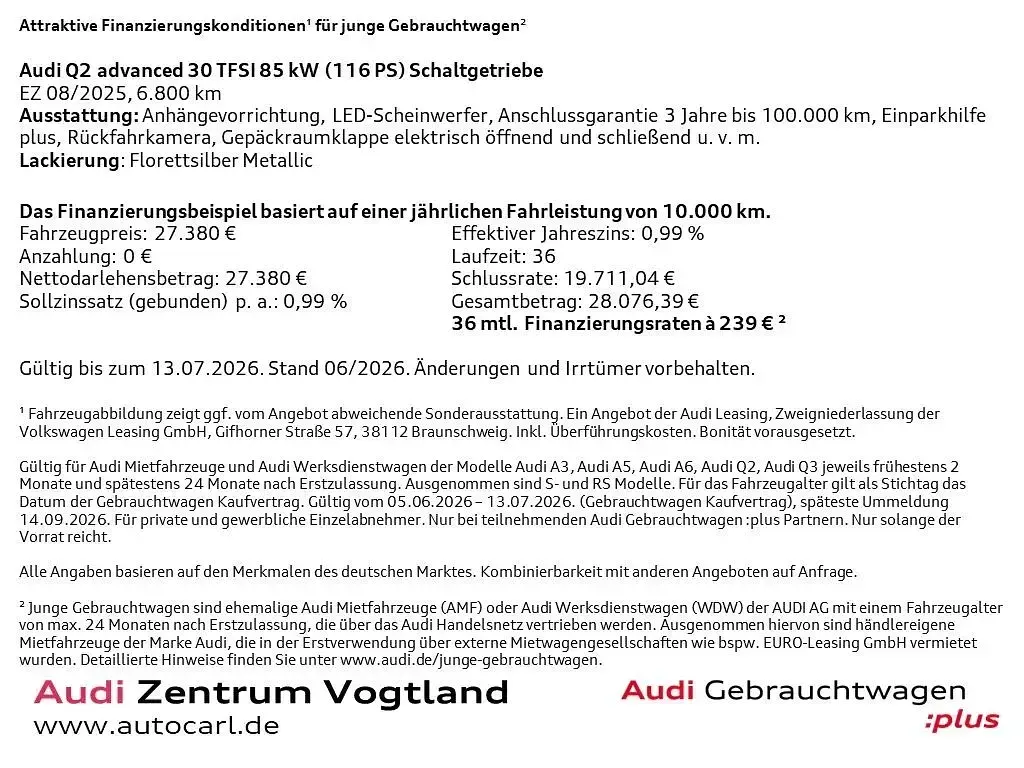 Gebraucht Audi Q2 Advanced Plus 116 PS (85 kW) 2025 Florettsilber metallic SUV