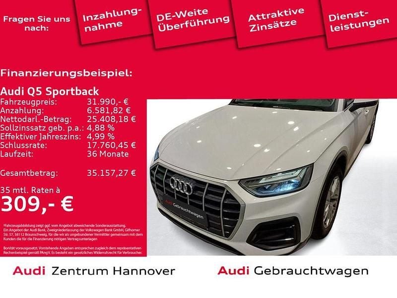 T9 ibisweiß (metallic) Gebraucht 2021 Audi Q5 Sportback Advanced SUV | 31.990 € (Superpreis) - Bild 1/4