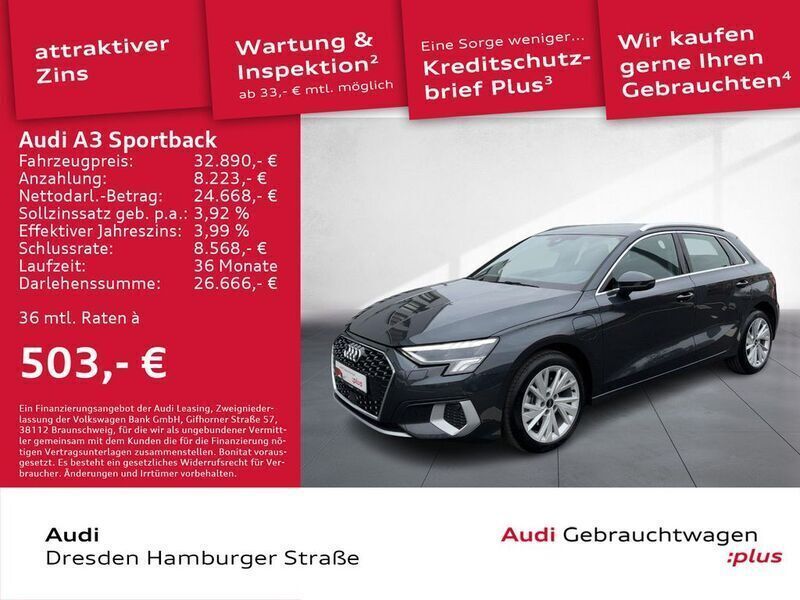 Manhattangrau metallic Gebraucht 2024 Audi A3 Sportback e-tron Advanced Plus Kleinwagen | 34.990 € (Teuer) - Bild 1/3