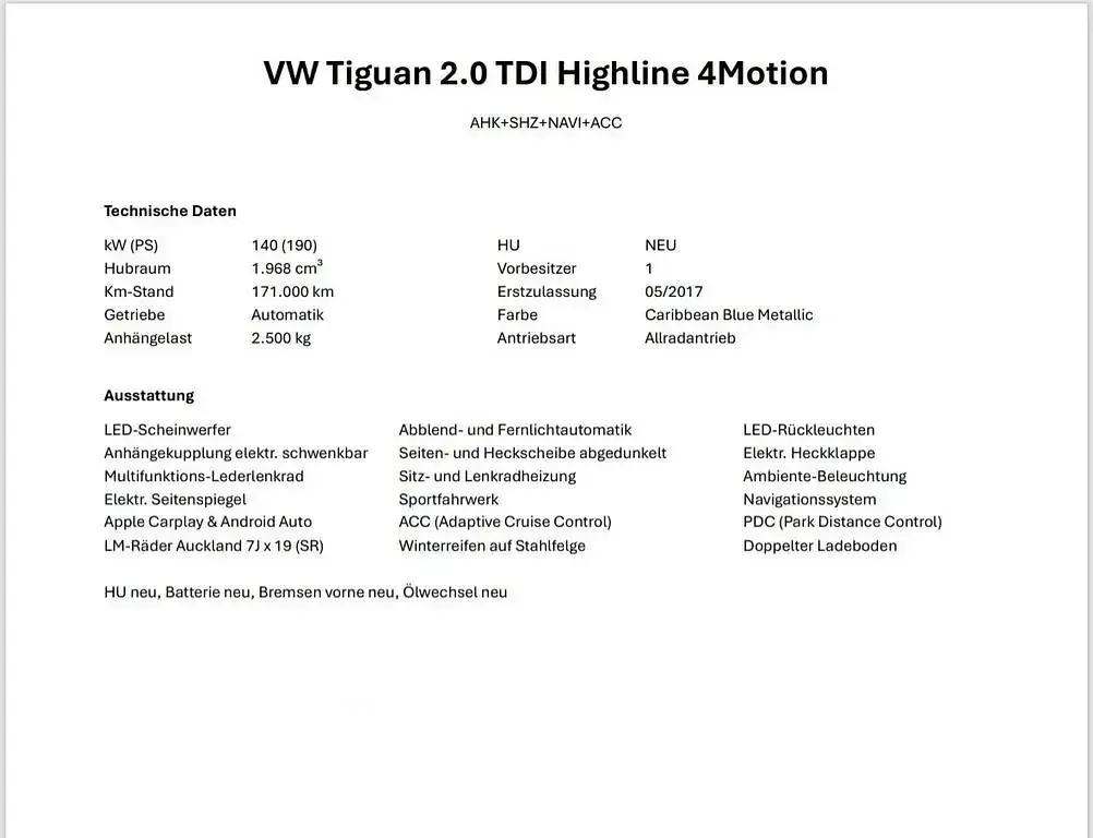 Gebraucht VW Tiguan 190 PS (139 kW) 2017 Blau SUV