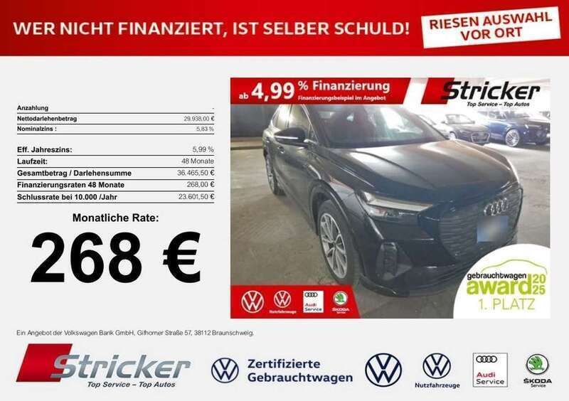 Schwarz (mythosschwarz metallic) Gebraucht 2023 Audi Q4 e-tron Comfort SUV | 29.938 € (Fairer Preis) - Bild 1/3