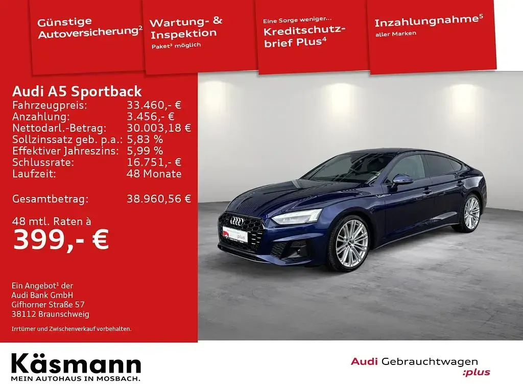 Gebraucht Audi A5 Sportback Ambiente 204 PS (150 kW) 2022 Navarrablau metallic Kleinwagen