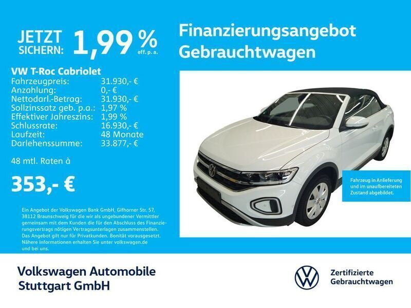 Pure white/schwarz Gebraucht 2023 VW T-Roc Cabriolet Style Cabrio | 31.930 € (Teuer) - Bild 1/3
