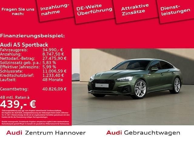 Distriktgrün metallic Gebraucht 2022 Audi A5 Sportback S-Line Limousine | 34.990 € (Superpreis) - Bild 1/4