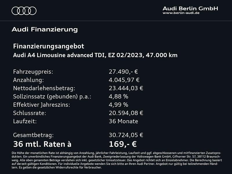 Second-hand Audi A4 Advanced Plus 204 CP (150 kW) 2023 Negru Berlinǎ