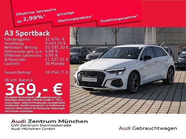 Gletscherweiß metallic Gebraucht 2023 Audi A3 Sportback e-tron S-Line Kleinwagen | 31.479 € (Etwas zu teuer) - Bild 1/1