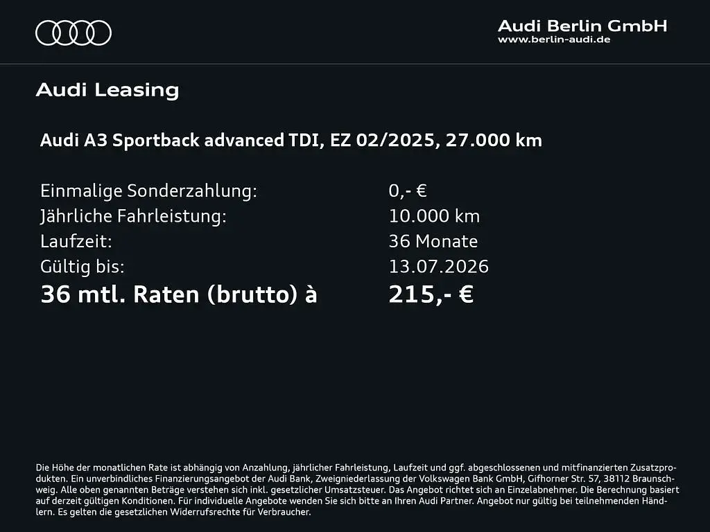 Gebraucht Audi A3 Advanced Plus 116 PS (85 kW) 2025 Mythosschwarz metallic Kombi