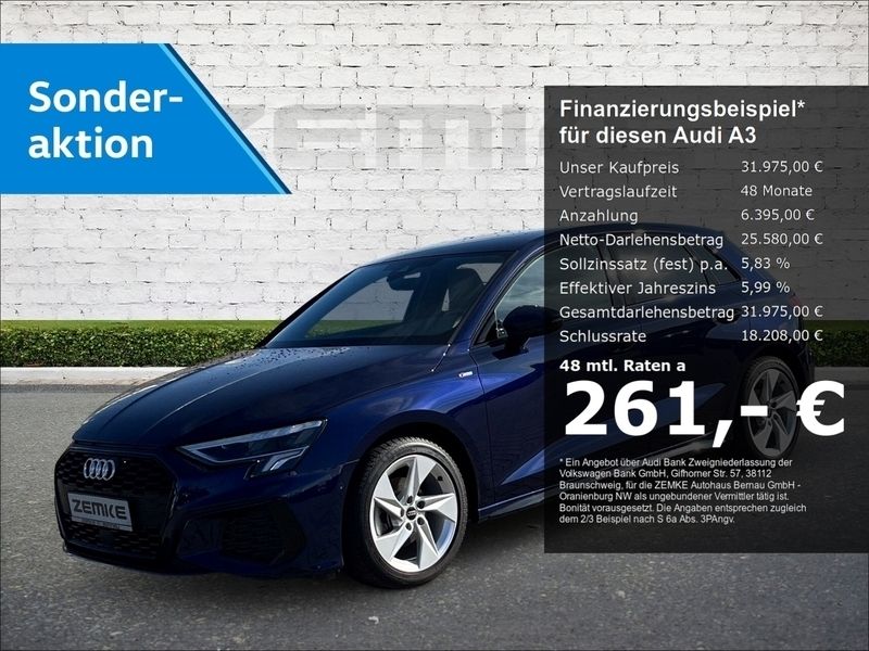 Blau Gebraucht 2023 Audi A3 Sportback S-Line Limousine | 31.975 € (Fairer Preis) - Bild 1/4