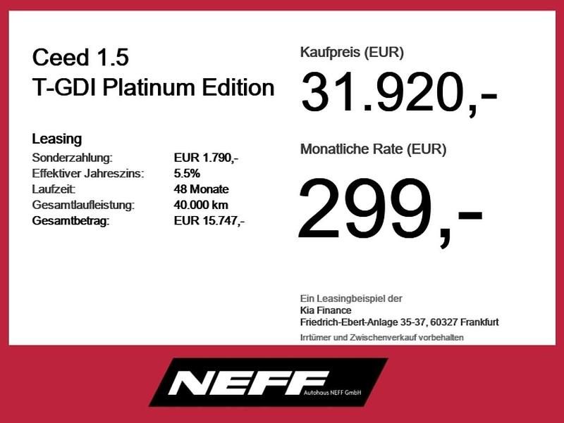 Neu Kia Ceed Platinum Edition 140 PS (102 kW) 2025 (1k) black pearl m Kleinwagen