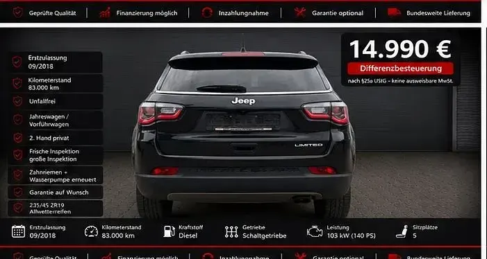 Occasion Jeep Compass Limited 140 ch (102 kW) 2018 Noir SUV