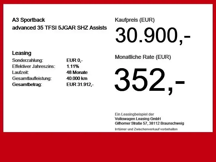 Occasion Audi A3 Advanced Plus 150 ch (110 kW) 2025 Rouge Berline