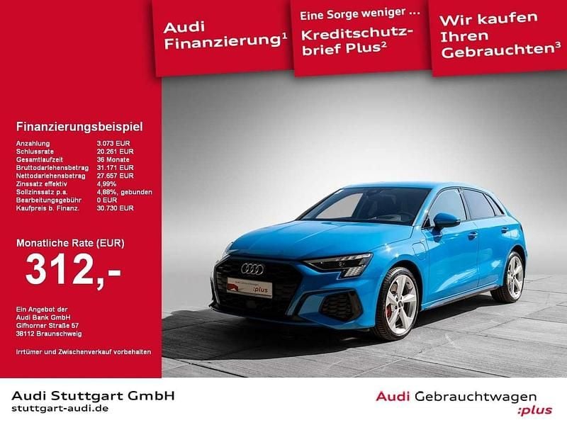 Blau Gebraucht 2023 Audi A3 Sportback e-tron S-Line Limousine | 30.730 € (Fairer Preis) - Bild 1/2