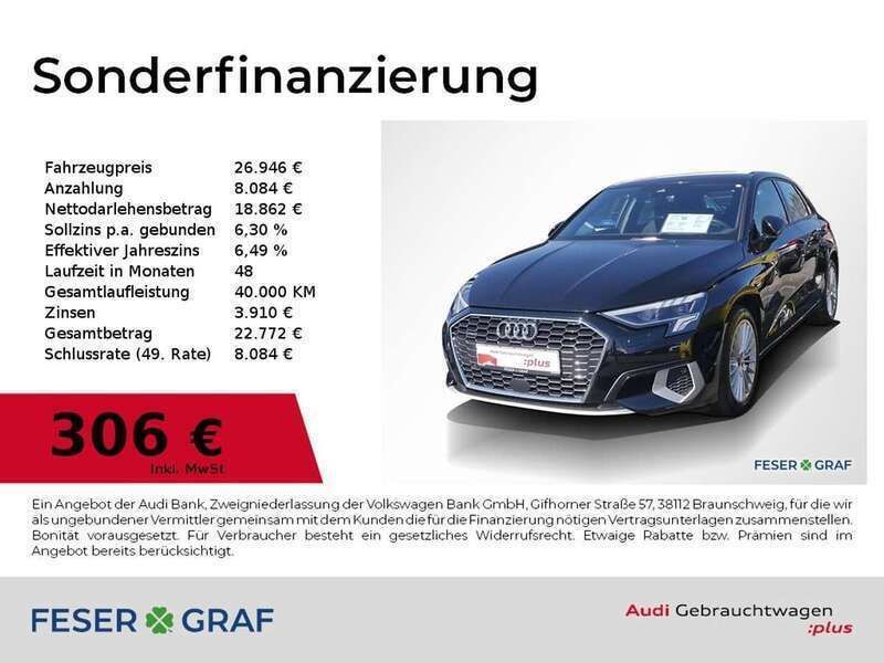 Brillantschwarz Gebraucht 2021 Audi A3 Advanced Plus Limousine | 26.946 € (Guter Preis) - Bild 1/2