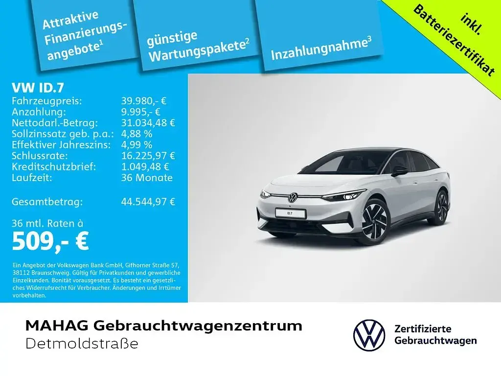 Gebraucht VW ID.7 Pro 210 kW (286 PS) 2024 Gletscherweiß metallic/schwarz Limousine