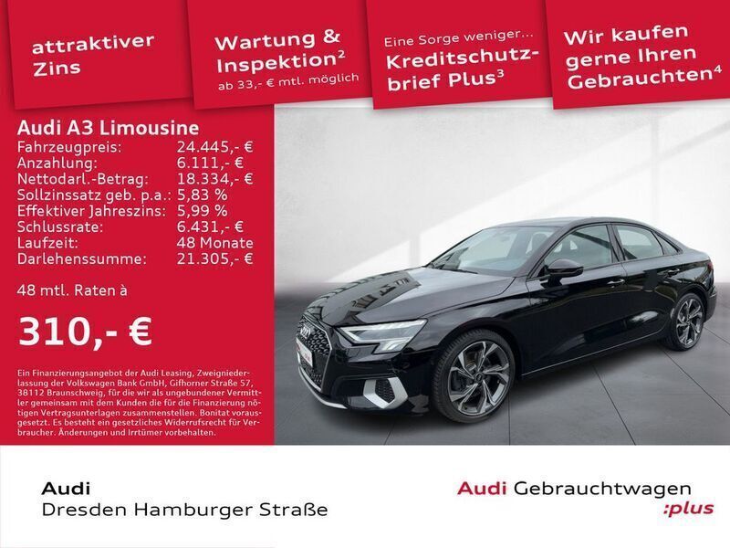 Brillantschwarz Gebraucht 2021 Audi A3 Ambiente Limousine | 25.890 € (Etwas zu teuer) - Bild 1/3