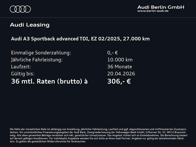 Gebraucht Audi A3 Advanced Plus 116 PS (85 kW) 2025 Mythosschwarz metallic Kombi