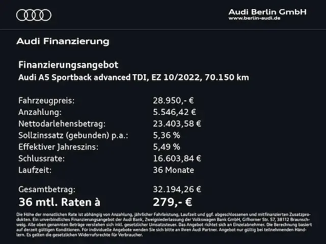 Gebraucht Audi A5 Sportback Advanced Plus 165 PS (121 kW) 2022 Grün Kleinwagen