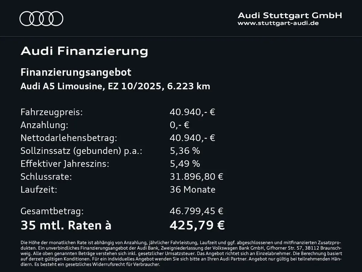 Gebraucht Audi A5 204 PS (150 kW) 2025 Mythosschwarz metallic Limousine