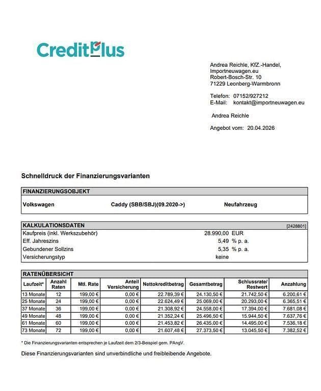 Neu VW Caddy 75 PS (55 kW) 2026 Reflexsilber metallic Van / Kleinbus