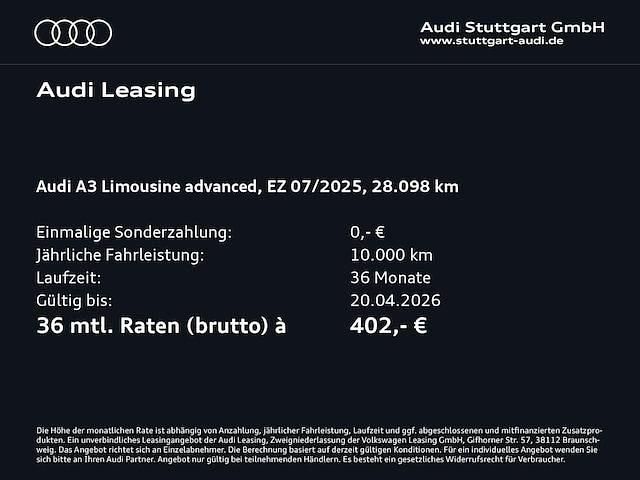 Gebraucht Audi A3 Advanced Plus 150 PS (110 kW) 2025 Schwarz Limousine