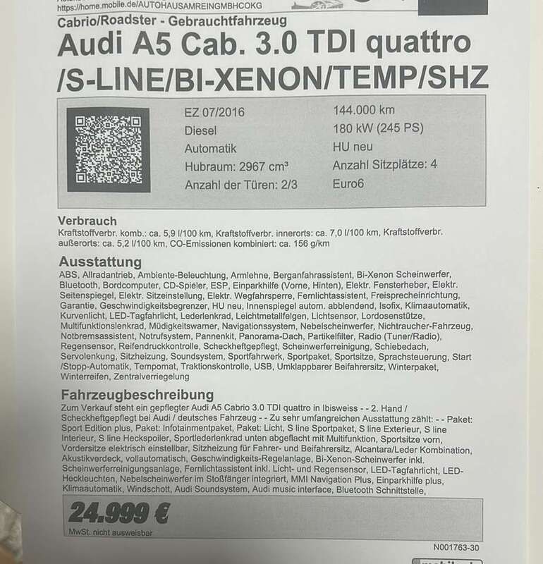 Gebraucht 2016 Audi A5 Cabriolet Cabrio | 17.499 € (Etwas zu teuer) - Bild 1/4