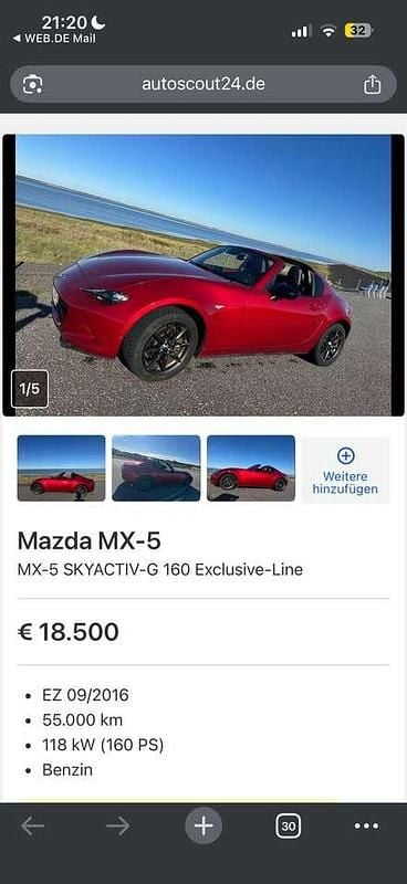 Rot Gebraucht 2016 Mazda MX5 Exclusive-Line Cabrio | 18.500 € (Guter Preis) - Bild 1/4